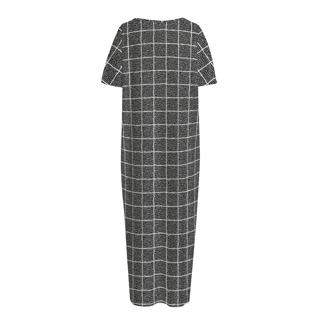 Noisy Windowpane Pattern Print Short Sleeve Long Nightdress