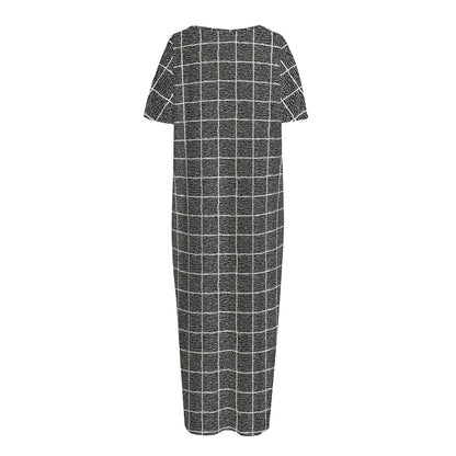 Noisy Windowpane Pattern Print Short Sleeve Long Nightdress