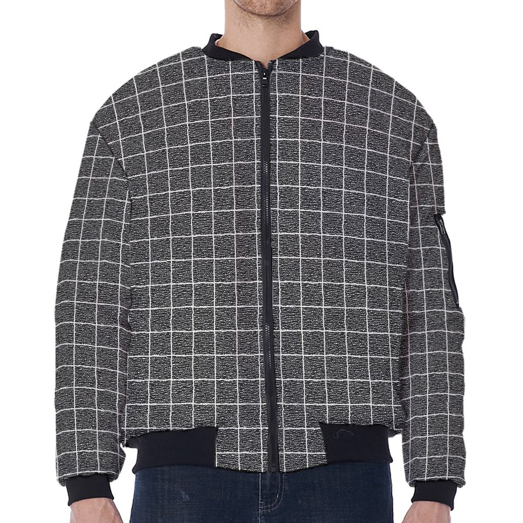 Noisy Windowpane Pattern Print Zip Sleeve Bomber Jacket