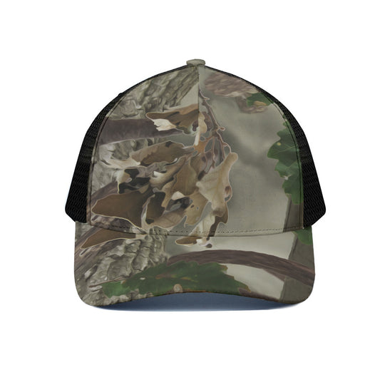 Oak Tree Hunting Camouflage Print Black Mesh Trucker Cap