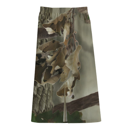 Oak Tree Hunting Camouflage Print Cotton Front Slit Maxi Skirt