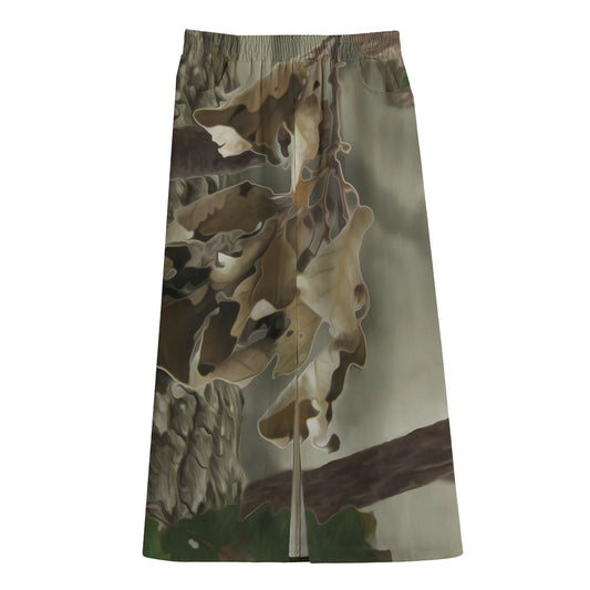 Oak Tree Hunting Camouflage Print Cotton Front Slit Maxi Skirt