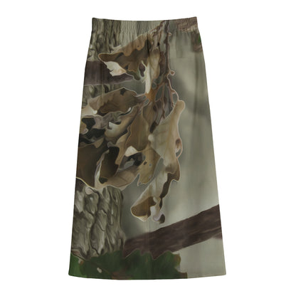 Oak Tree Hunting Camouflage Print Cotton Front Slit Maxi Skirt