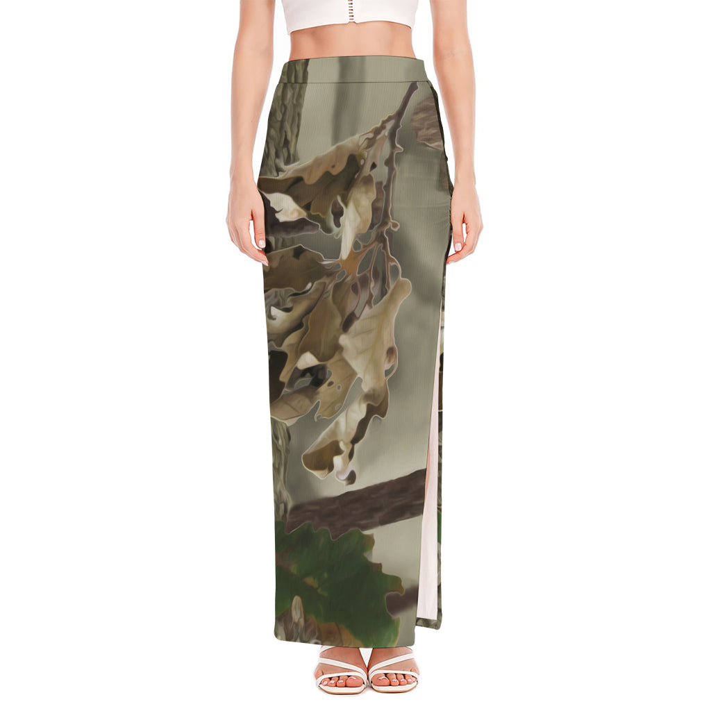 Oak Tree Hunting Camouflage Print High Slit Maxi Skirt