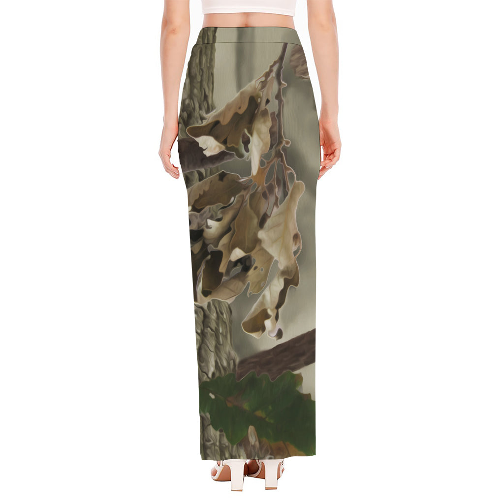 Oak Tree Hunting Camouflage Print High Slit Maxi Skirt