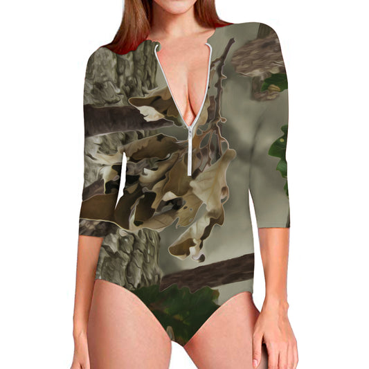 Oak Tree Hunting Camouflage Print Long Sleeve Swimsuit