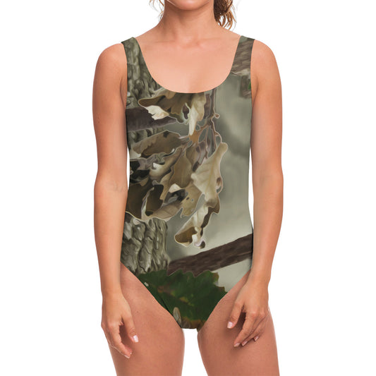Oak Tree Hunting Camouflage Print One Piece Swimsuit