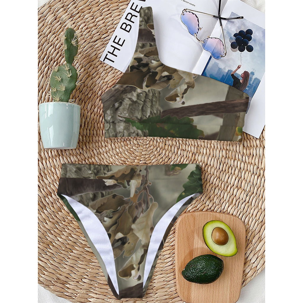 Oak Tree Hunting Camouflage Print One Shoulder Bikini Top