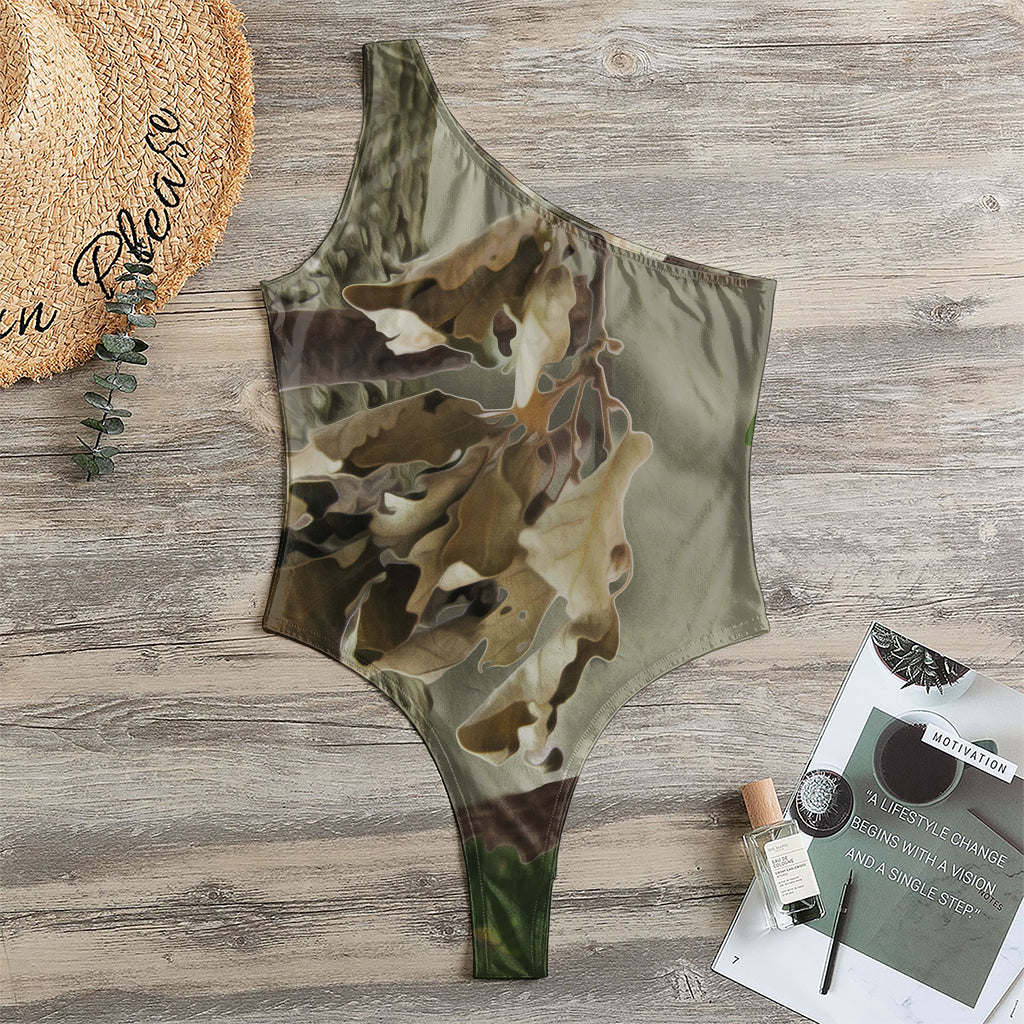 Oak Tree Hunting Camouflage Print One Shoulder Bodysuit