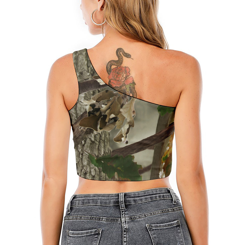 Oak Tree Hunting Camouflage Print One Shoulder Crop Top