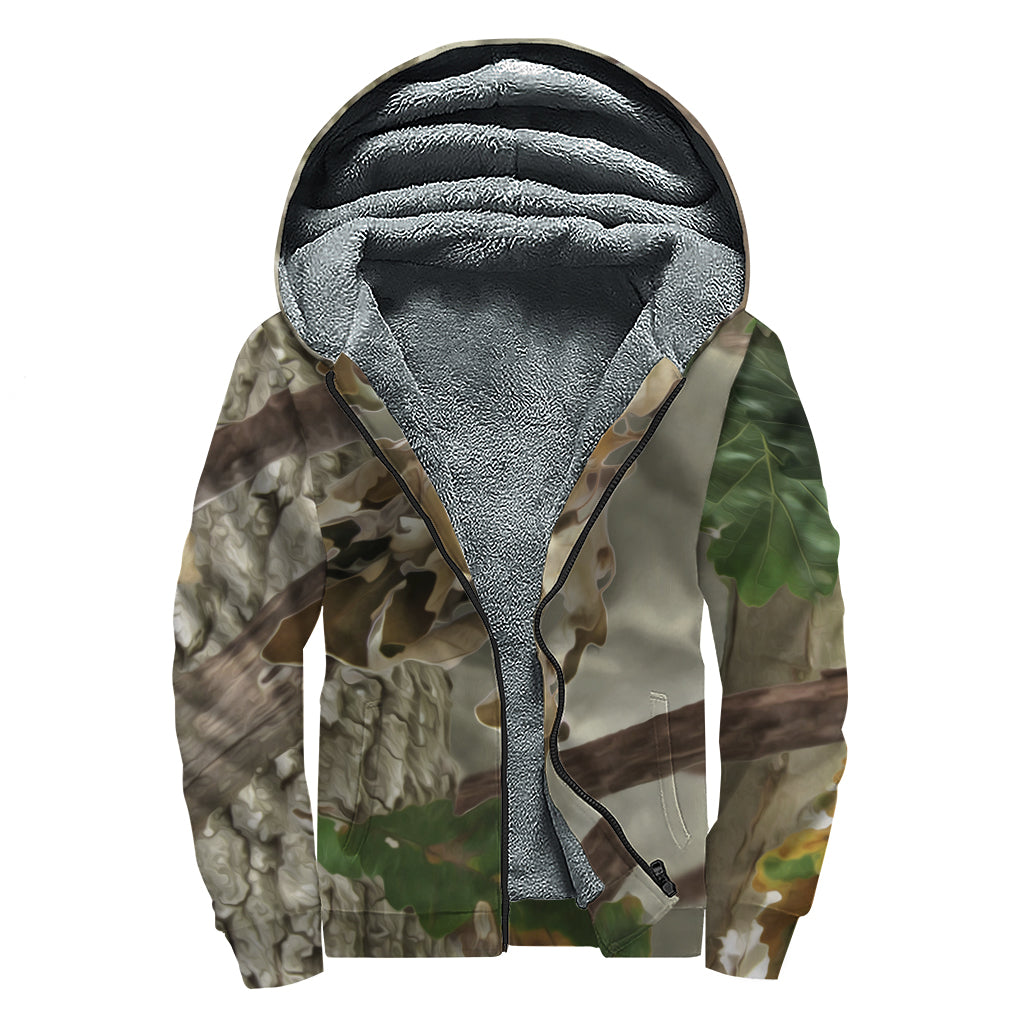 Oak Tree Hunting Camouflage Print Sherpa Lined Zip Up Hoodie