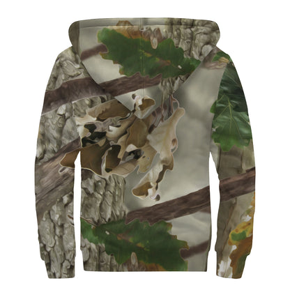 Oak Tree Hunting Camouflage Print Sherpa Lined Zip Up Hoodie