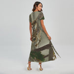 Oak Tree Hunting Camouflage Print Short Sleeve Maxi Dress