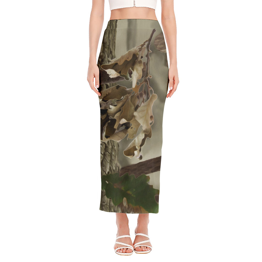 Oak Tree Hunting Camouflage Print Side Slit Maxi Skirt