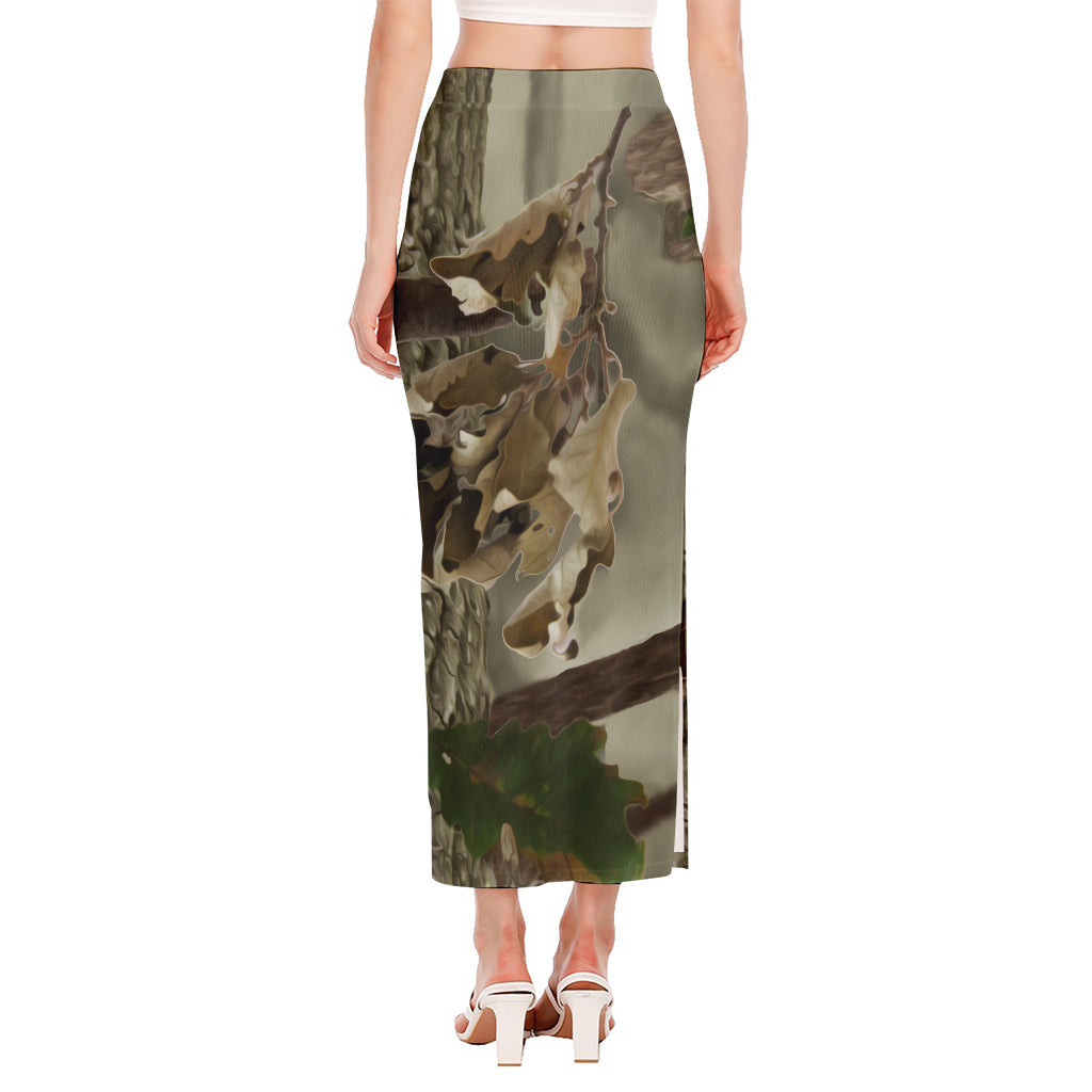 Oak Tree Hunting Camouflage Print Side Slit Maxi Skirt