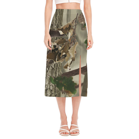 Oak Tree Hunting Camouflage Print Side Slit Midi Skirt