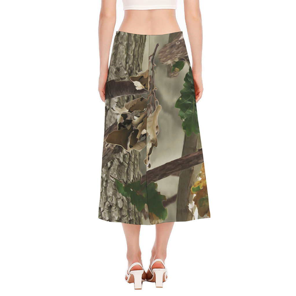 Oak Tree Hunting Camouflage Print Side Slit Midi Skirt