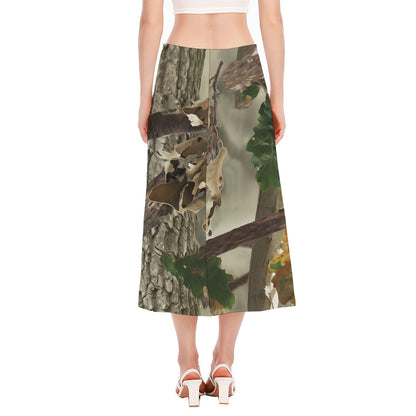 Oak Tree Hunting Camouflage Print Side Slit Midi Skirt