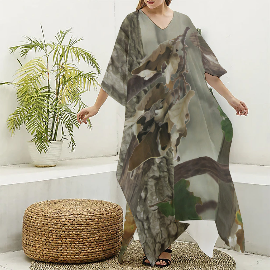 Oak Tree Hunting Camouflage Print Silk V-Neck Kaftan Dress