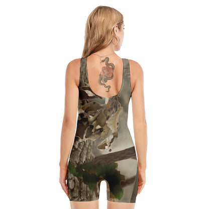 Oak Tree Hunting Camouflage Print Sleeveless One Piece Swimsuit