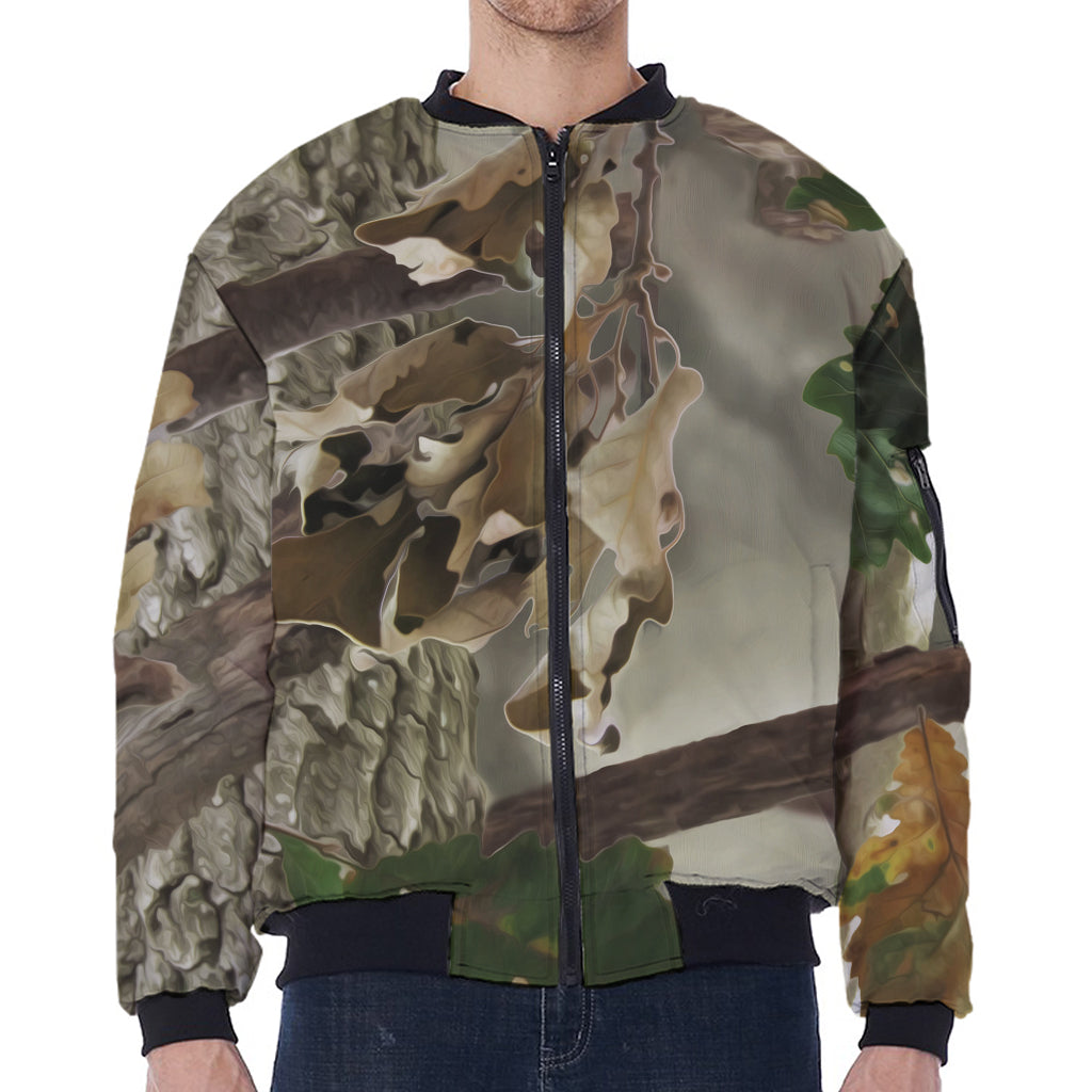 Oak Tree Hunting Camouflage Print Zip Sleeve Bomber Jacket