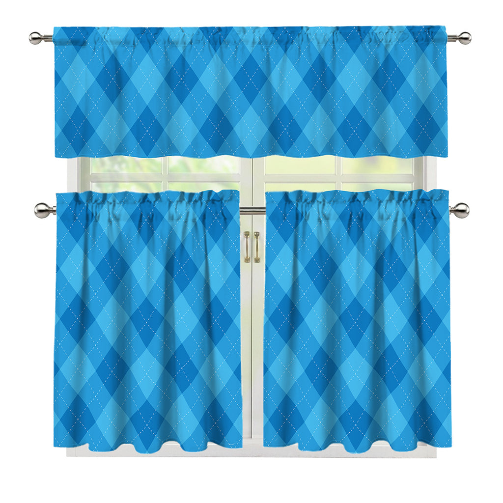 Ocean Blue Argyle Pattern Print 3 Piece Kitchen Curtains