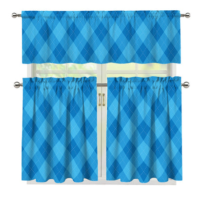 Ocean Blue Argyle Pattern Print 3 Piece Kitchen Curtains
