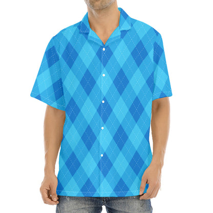 Ocean Blue Argyle Pattern Print Aloha Shirt