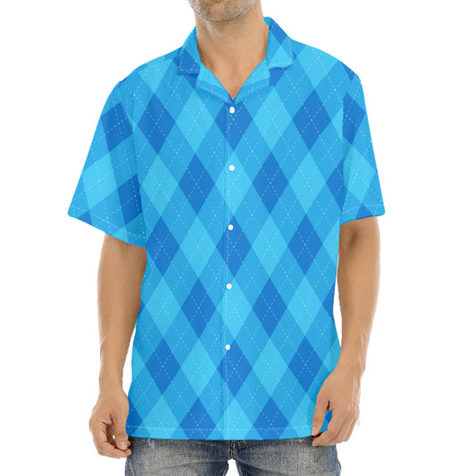 Ocean Blue Argyle Pattern Print Aloha Shirt