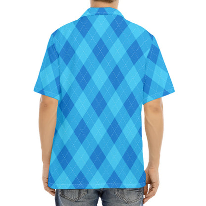 Ocean Blue Argyle Pattern Print Aloha Shirt