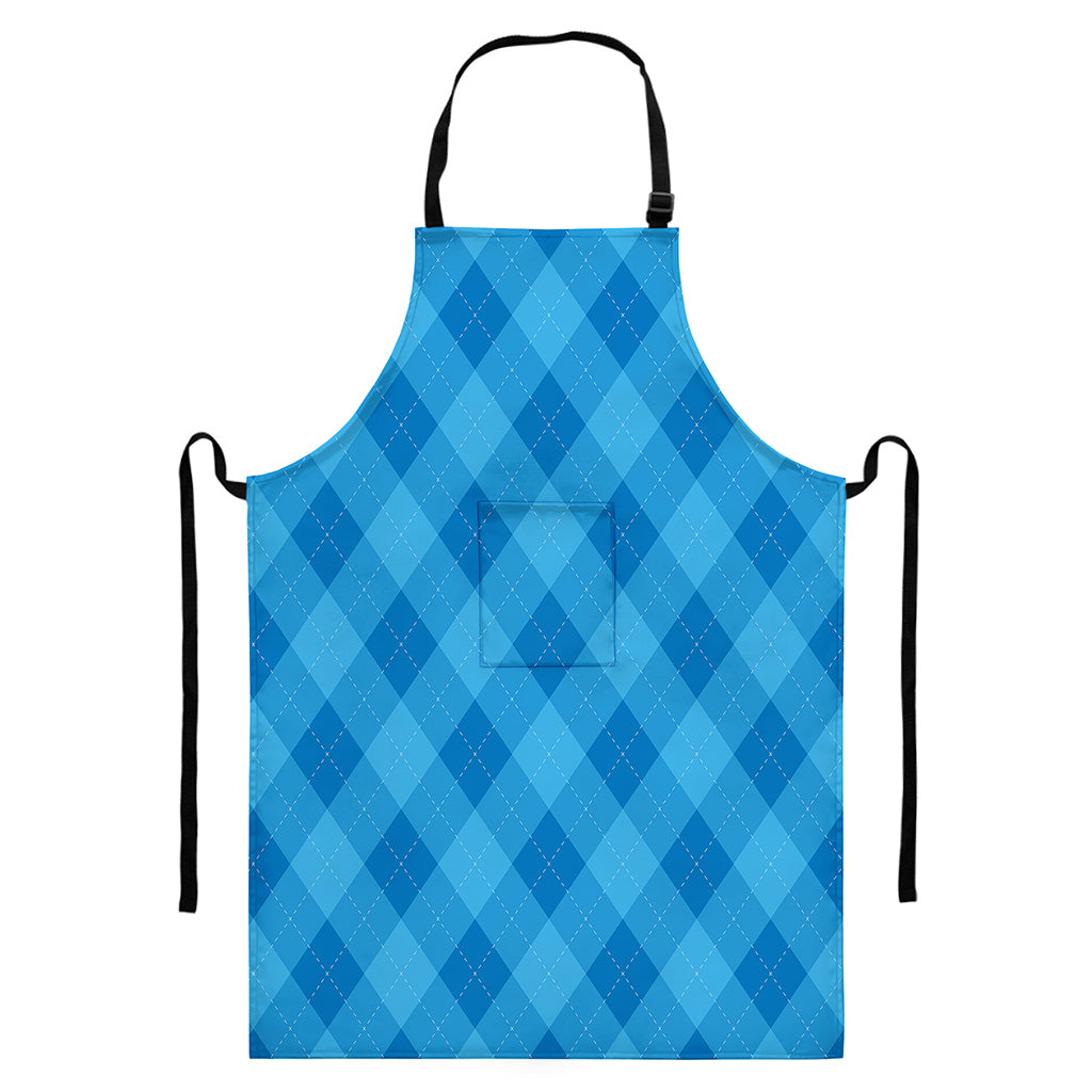 Ocean Blue Argyle Pattern Print Bib Apron With Pocket