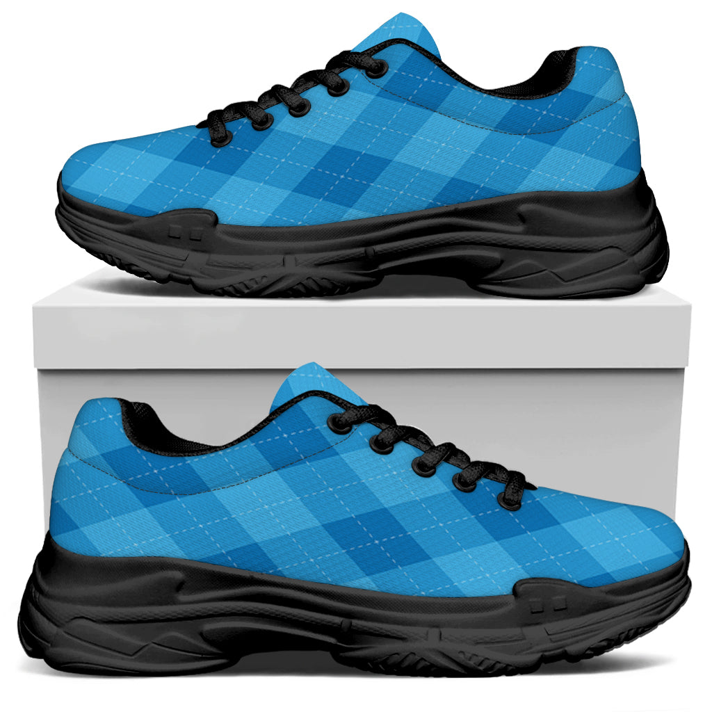 Ocean Blue Argyle Pattern Print Black Chunky Shoes