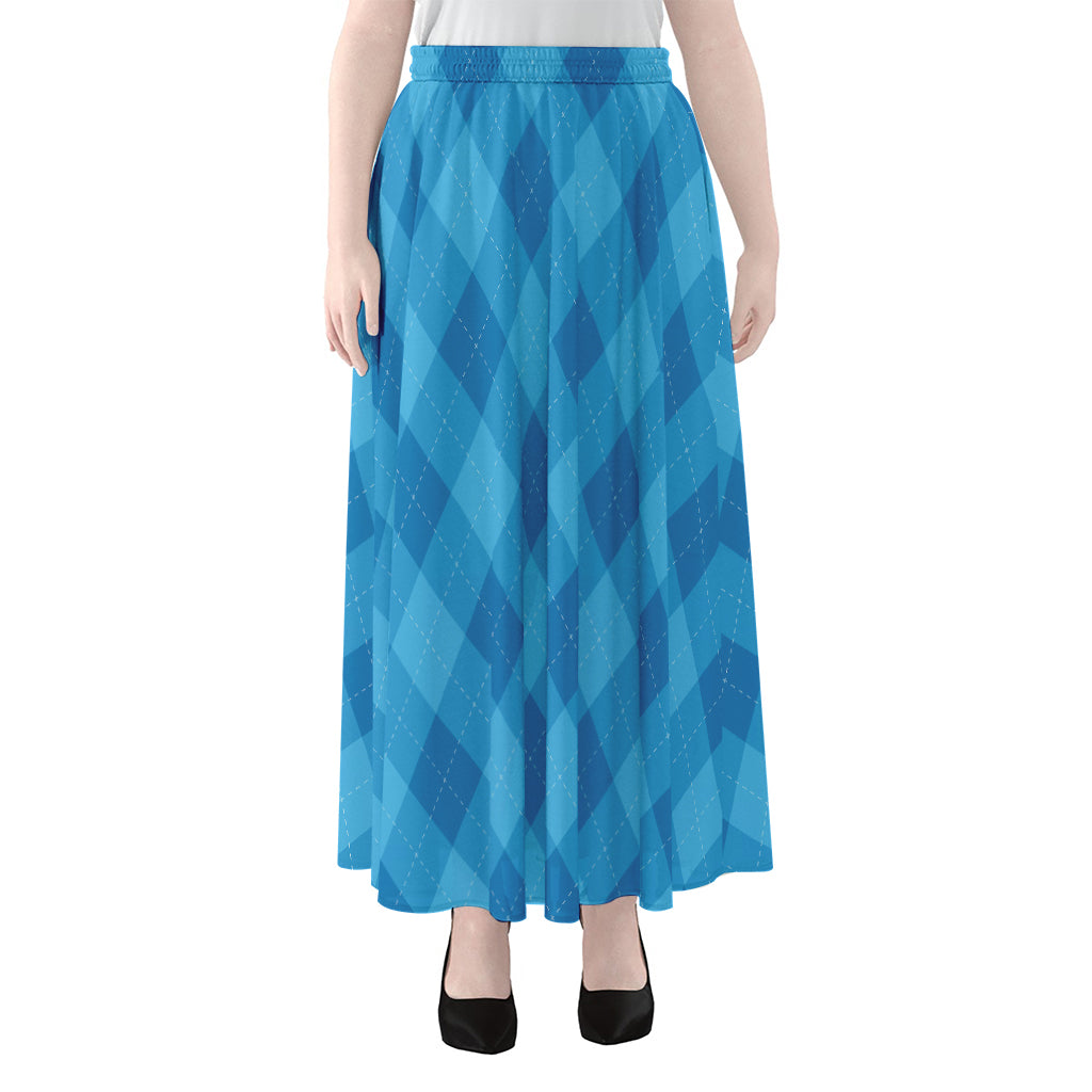 Ocean Blue Argyle Pattern Print Chiffon Maxi Skirt