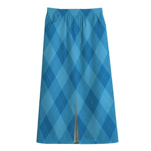 Ocean Blue Argyle Pattern Print Cotton Front Slit Maxi Skirt