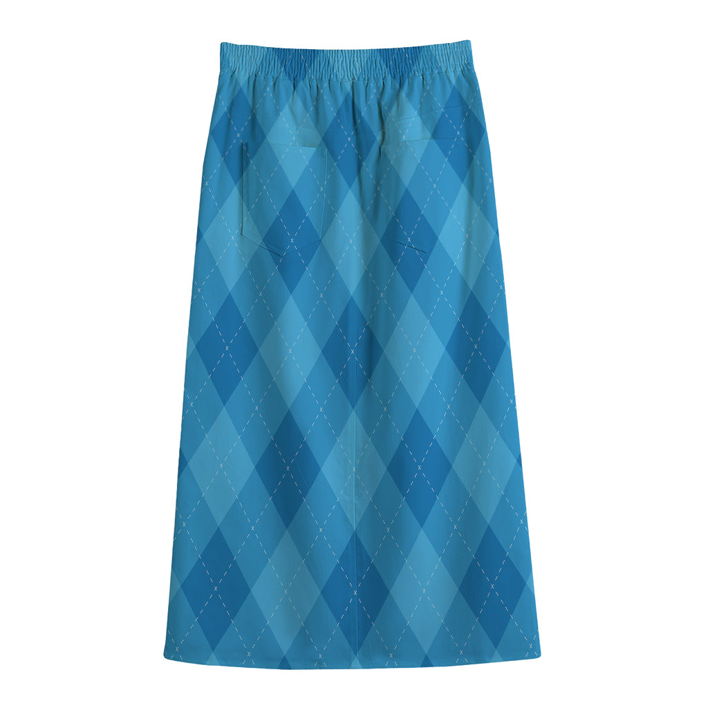 Ocean Blue Argyle Pattern Print Cotton Front Slit Maxi Skirt