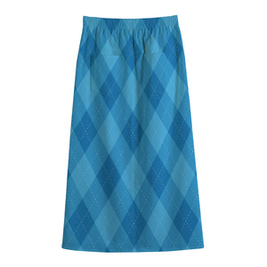 Ocean Blue Argyle Pattern Print Cotton Front Slit Maxi Skirt