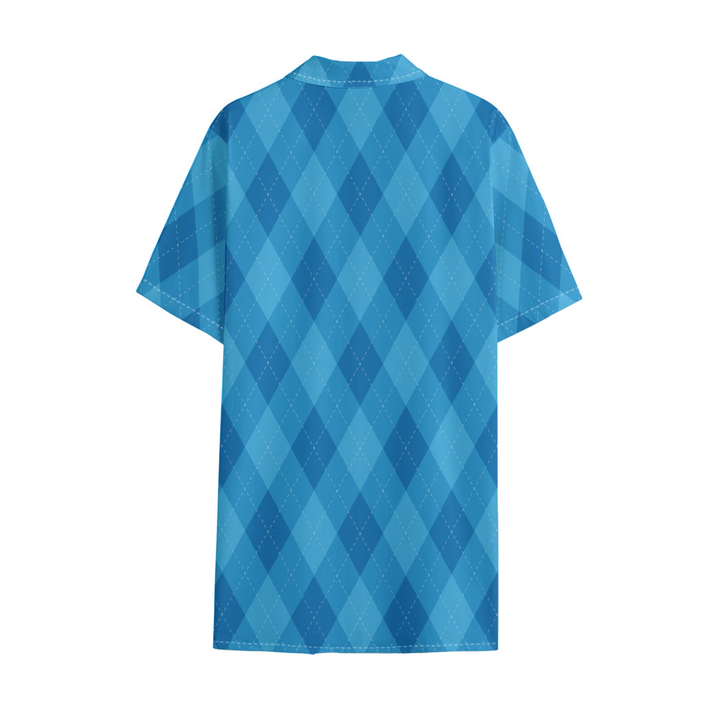 Ocean Blue Argyle Pattern Print Cotton Hawaiian Shirt