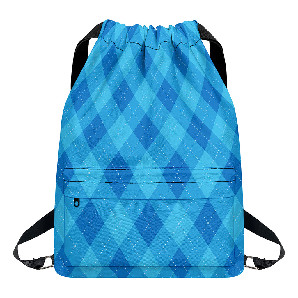 Ocean Blue Argyle Pattern Print Drawstring Backpack