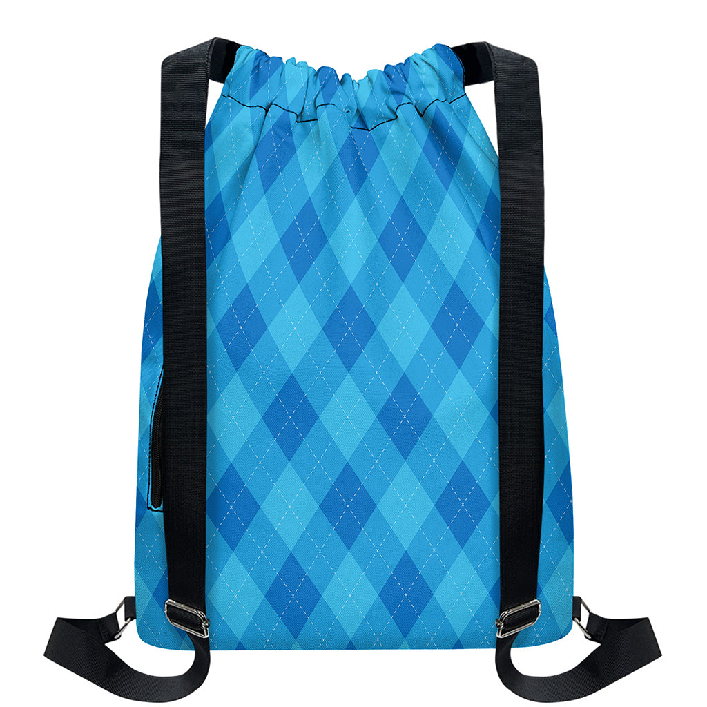 Ocean Blue Argyle Pattern Print Drawstring Backpack