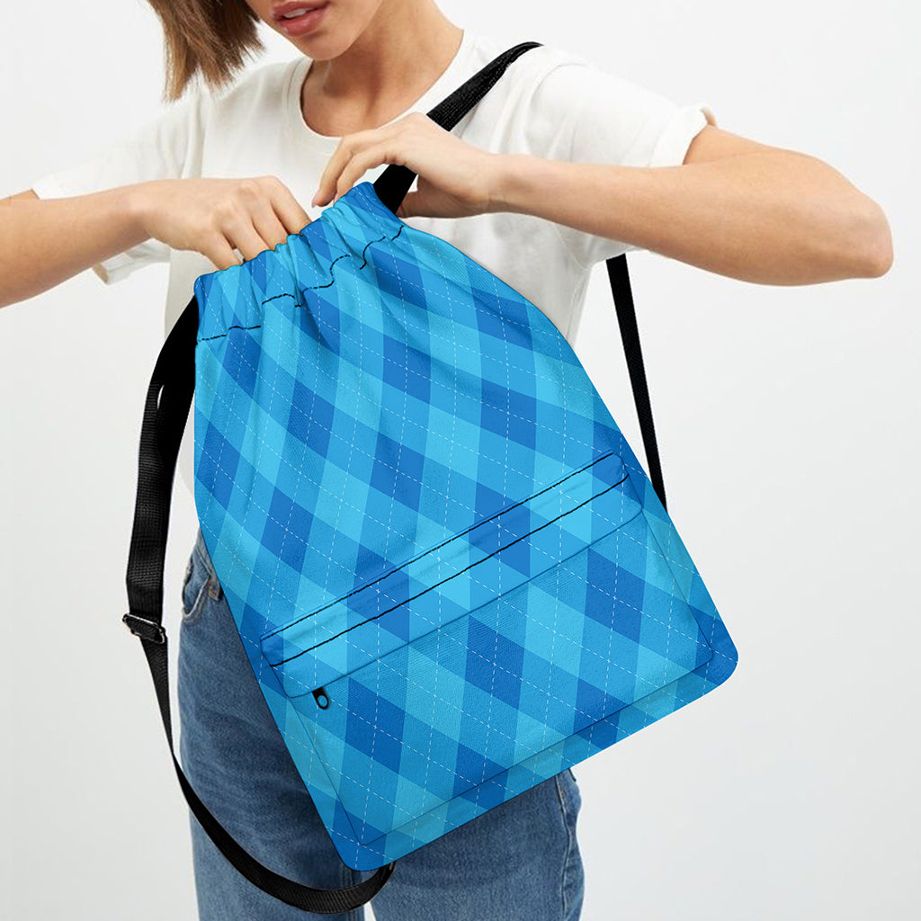 Ocean Blue Argyle Pattern Print Drawstring Backpack
