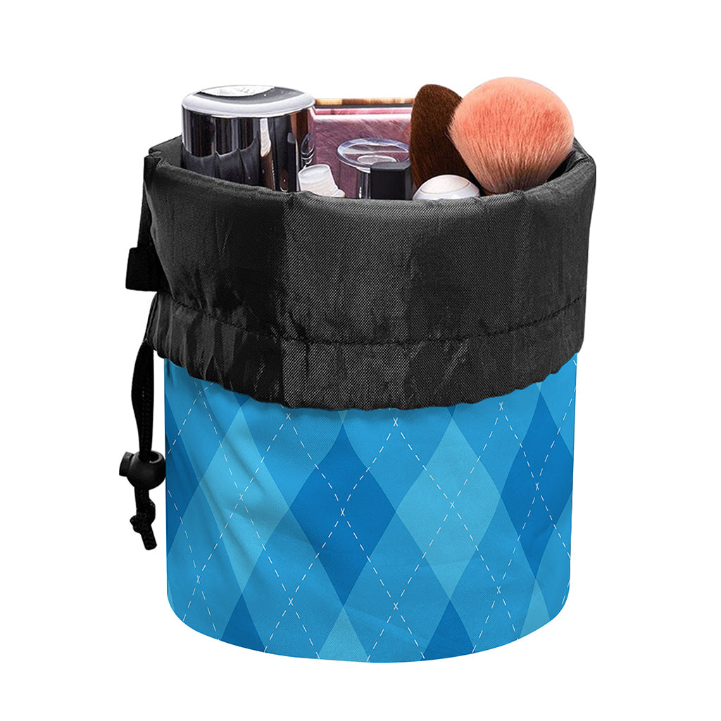 Ocean Blue Argyle Pattern Print Drawstring Makeup Bag