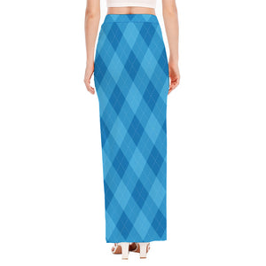 Ocean Blue Argyle Pattern Print High Slit Maxi Skirt