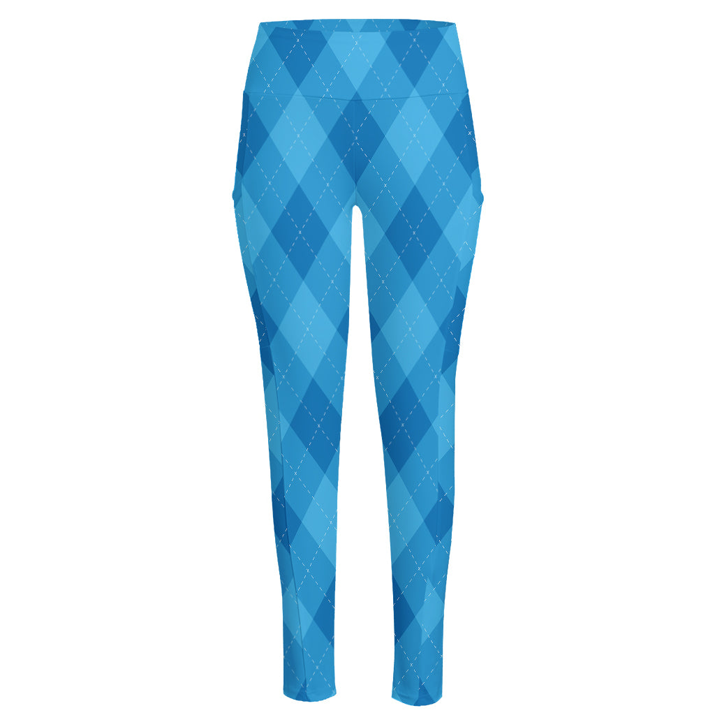 Ocean Blue Argyle Pattern Print High-Waisted Pocket Leggings