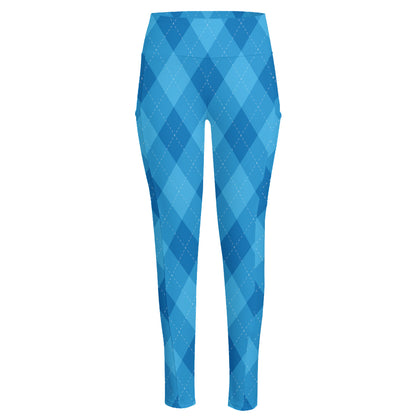 Ocean Blue Argyle Pattern Print High-Waisted Pocket Leggings