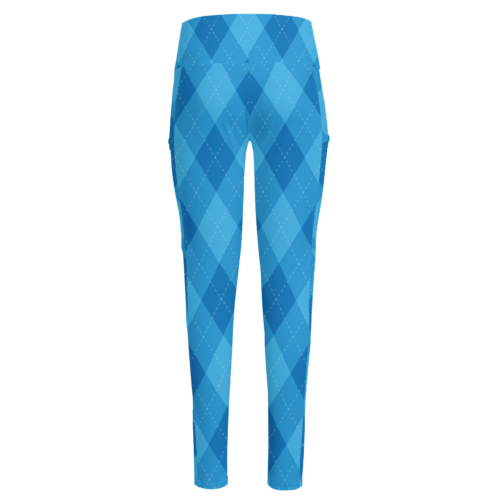 Ocean Blue Argyle Pattern Print High-Waisted Pocket Leggings