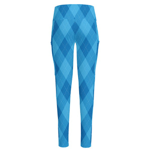 Ocean Blue Argyle Pattern Print High-Waisted Pocket Leggings