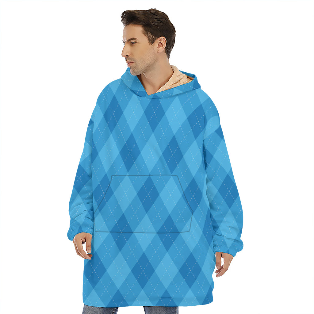 Ocean Blue Argyle Pattern Print Hoodie Blanket