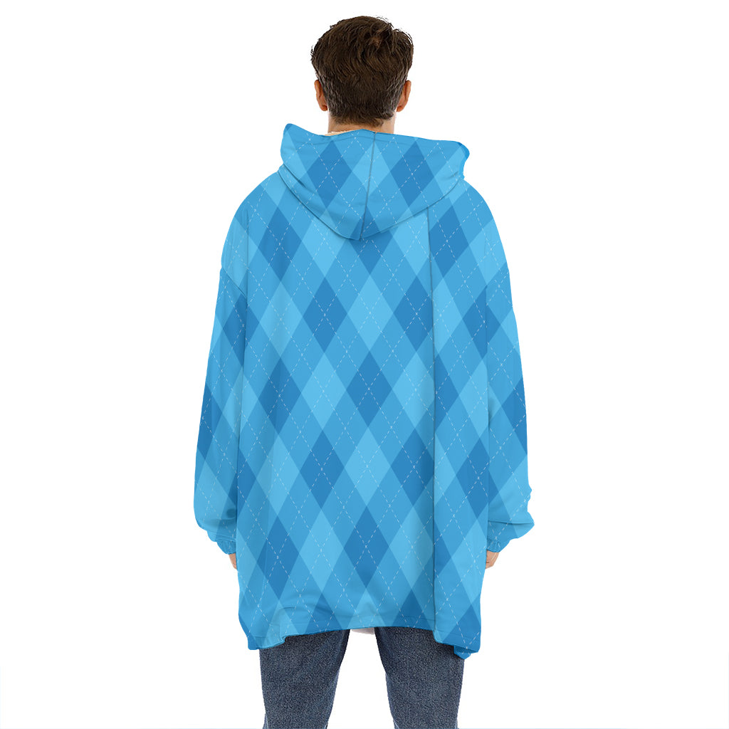 Ocean Blue Argyle Pattern Print Hoodie Blanket
