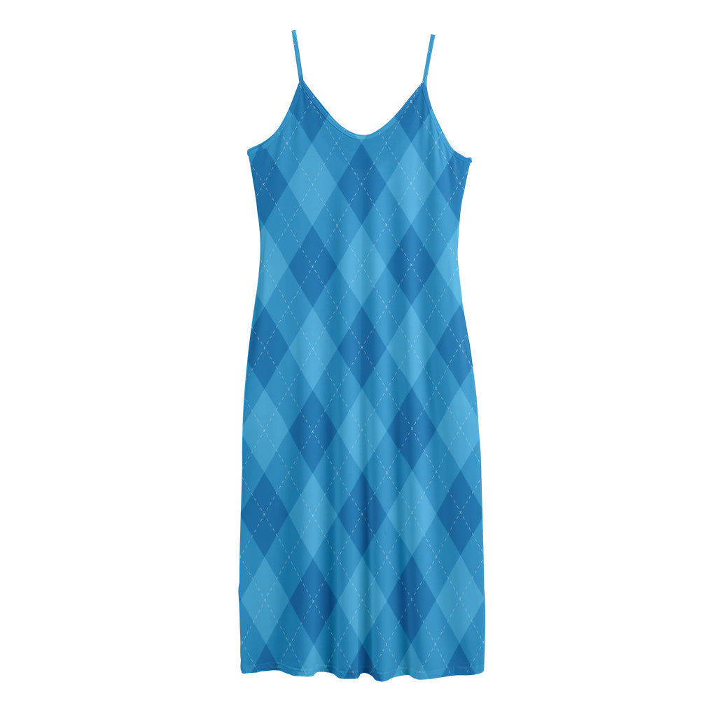 Ocean Blue Argyle Pattern Print Jersey Midi Cami Dress