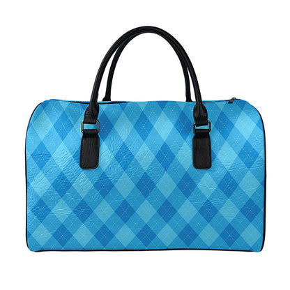 Ocean Blue Argyle Pattern Print Leather Duffle Bag